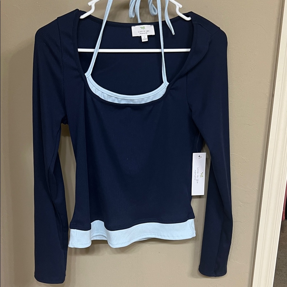 Stylish Navy and Light Blue Long Sleeve Top